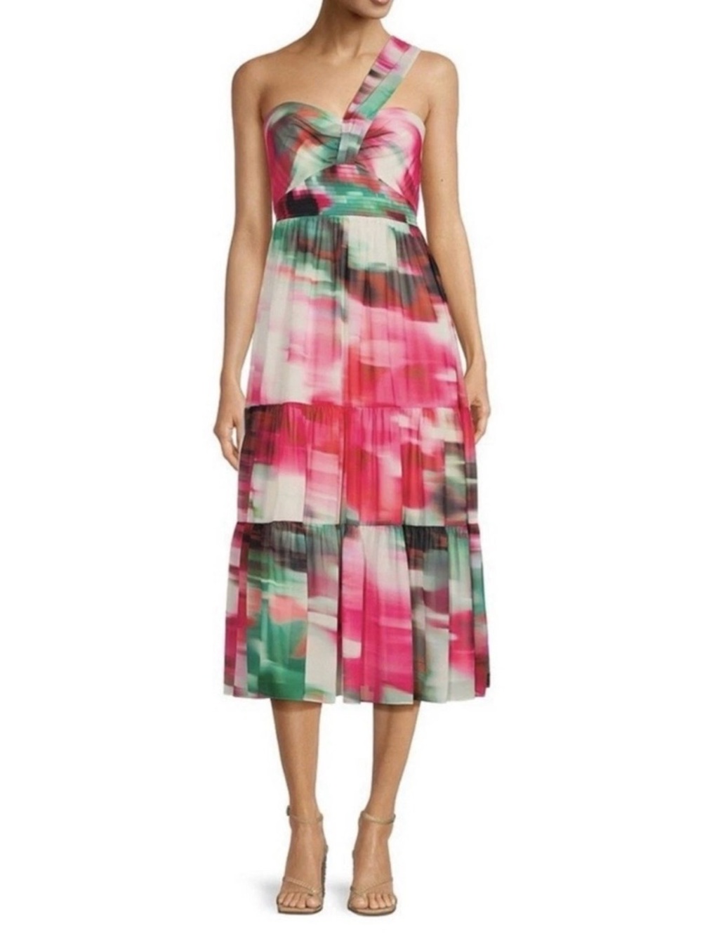 Belle Badgley Mischka Remi Dress Georgette One Sleeve Pink Multi Midi NWT 4‎